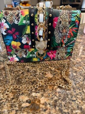 Aldo Multicolor Floral & Leopard Print Crossbody with Gold Chain